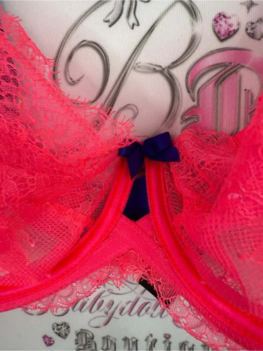 Victoria's Secret Neon Pink Lace Underwire Bra with purple Straps